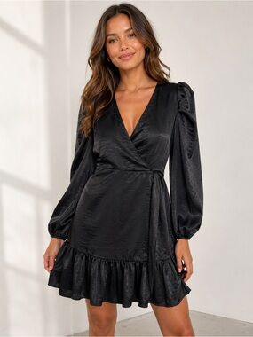 Steve Madden Black Satin Wrap Dress Puff Sleeve Ruffle Hem Party Cocktail LBD XL